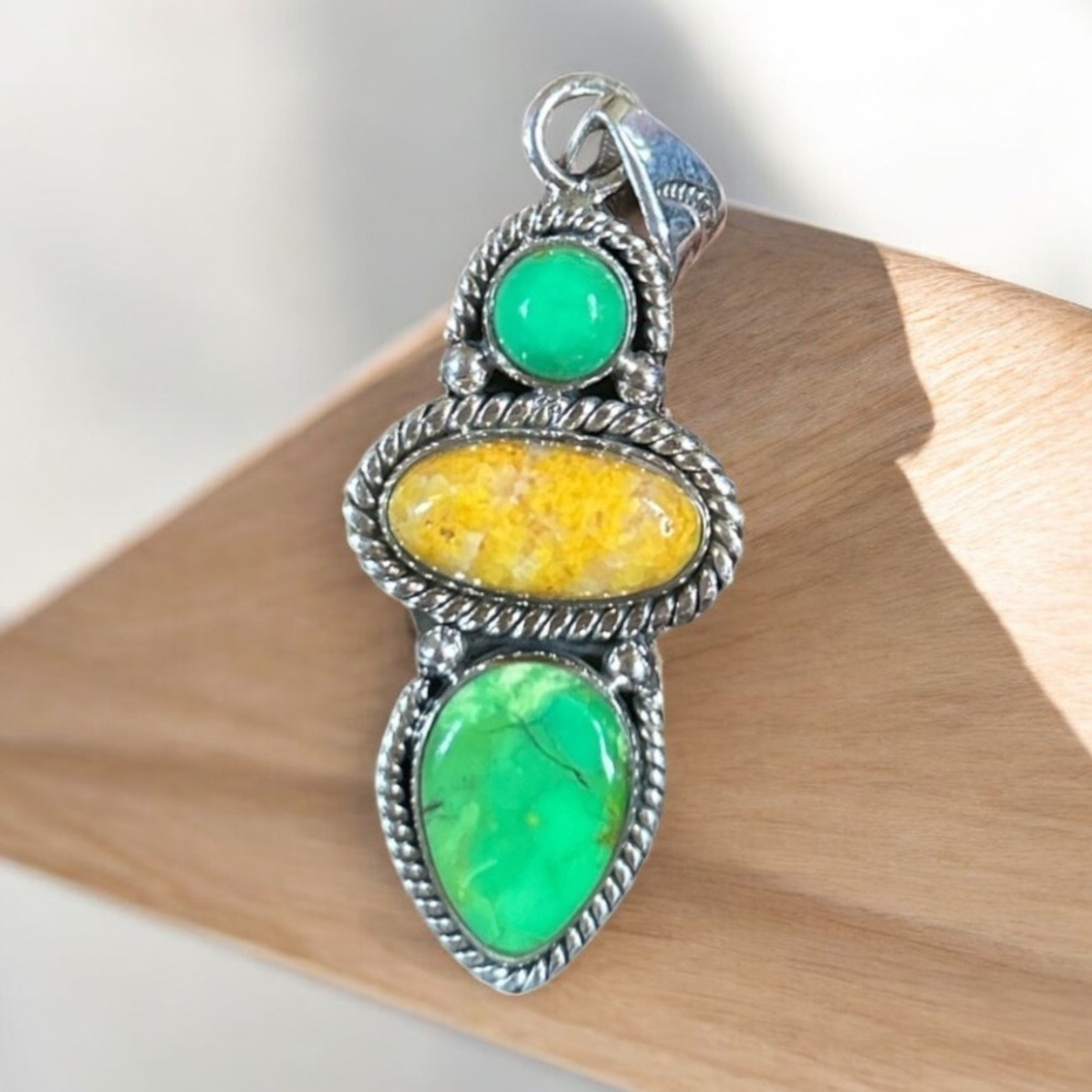 Apple Green Turquoise and Bumblebee Jasper 925 Sterling Silver Necklace